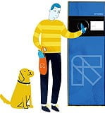 ilustración de un hombre y su perro con una máquina de vending inverso