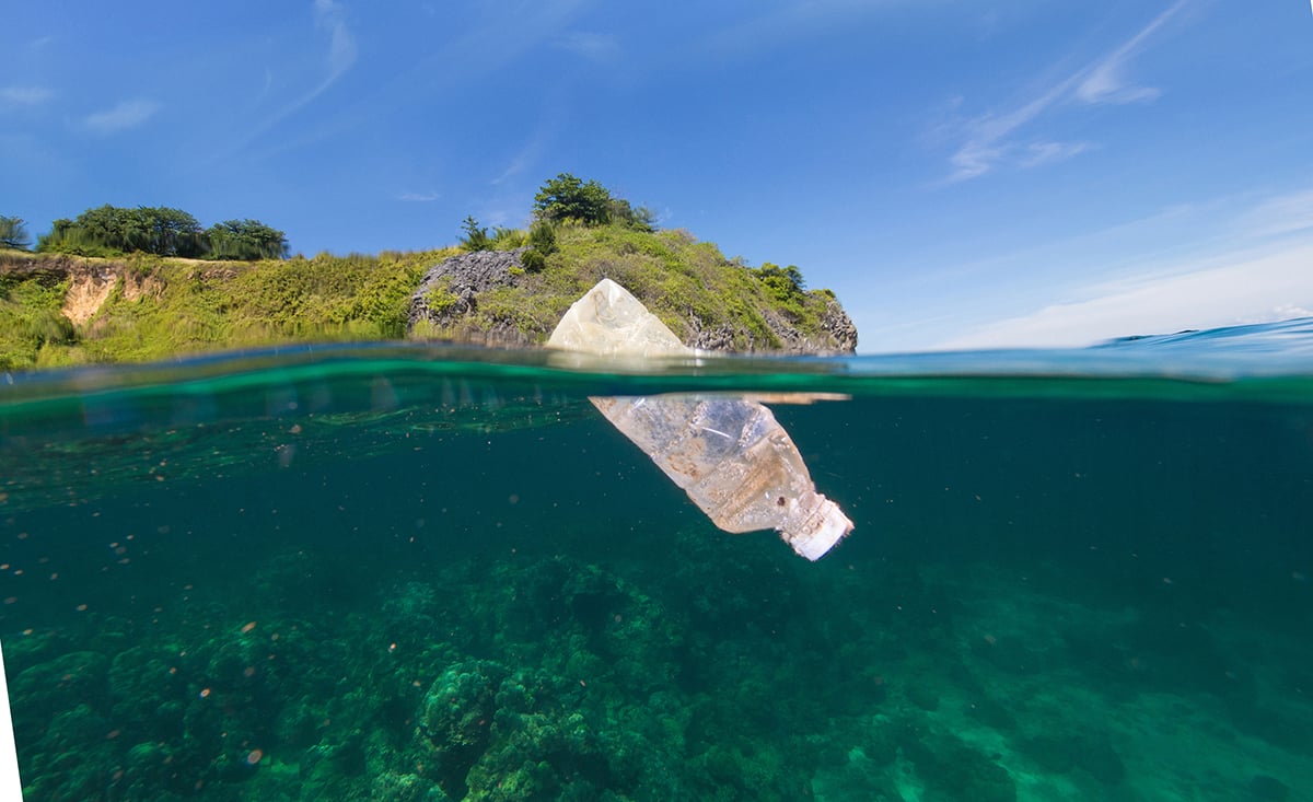 Plastikflasche schwimmt im Meer mit der Küste im Hintergrund
