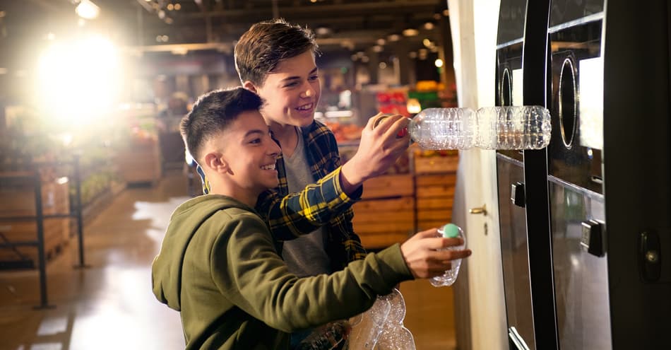 Photo de garçons insérant des contenants dans un automate de déconsigne