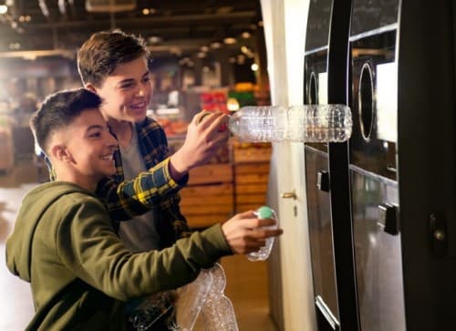 zwei Jungen, die einen Leergutrücknahme-Automaten verwenden