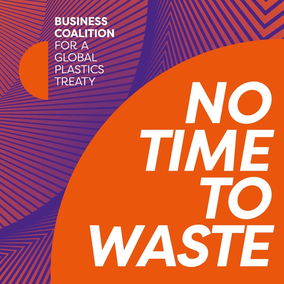 Banner do tratado global sobre plásticos com foco no slogan "sem tempo a perder"