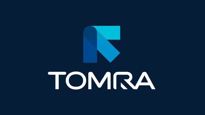 TOMRA vertical logo with blue background