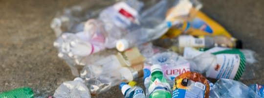 Plastic bottles in bags and on ground