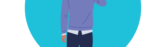 Mavi kazak ve pantolon giyen bir kişi