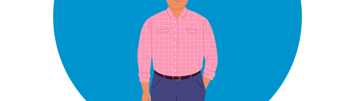Homem com camisa rosa e calças azuis