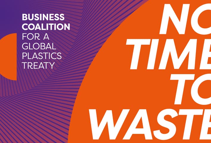 Global Plastics Treaty banner focusing on "no time to waste"