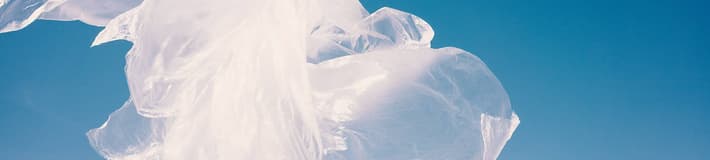 Person wrapped in plastic standing on a ledge with blue sky behind them