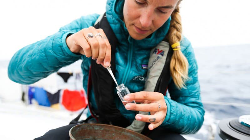 Kristine Berg, TOMRA Sustainability Manager, collecting microplastic samples on the eXXpedition ocean plastic research voyage.Kristine Berg.