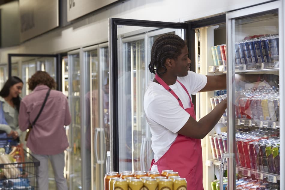 Retailer filling up fridge with cans