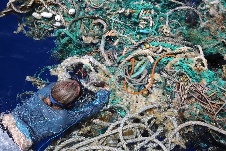 Bild einer Frau, die Plastikmüll aus dem Meer aufräumt