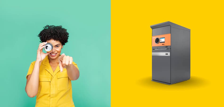 TOMRA S1 machine and a girl wearing yellow point a finger and holding a can with the other hand
