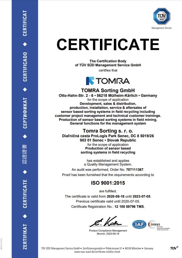 certificat iso-9001, recyclage tomra, qualité tomra