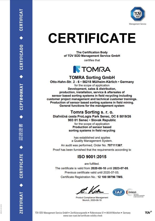 certificado iso-9001, tomra recycling, calidad tomra